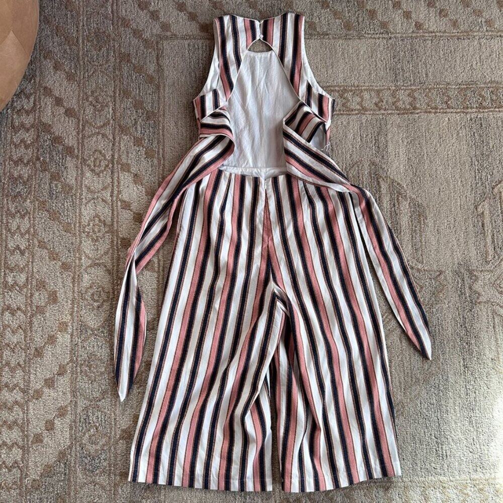 Striped Wide Leg Jumpsuit Open Back Tie Waist European Summer Resort Women L - Picture 6 of 16